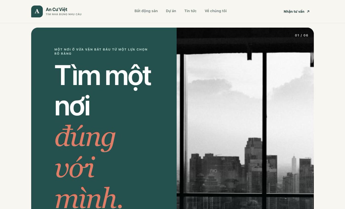 Giao diện desktop của Cách tạo website bất động sản nhiều trang bằng LynaX AI: An Cư Việt
