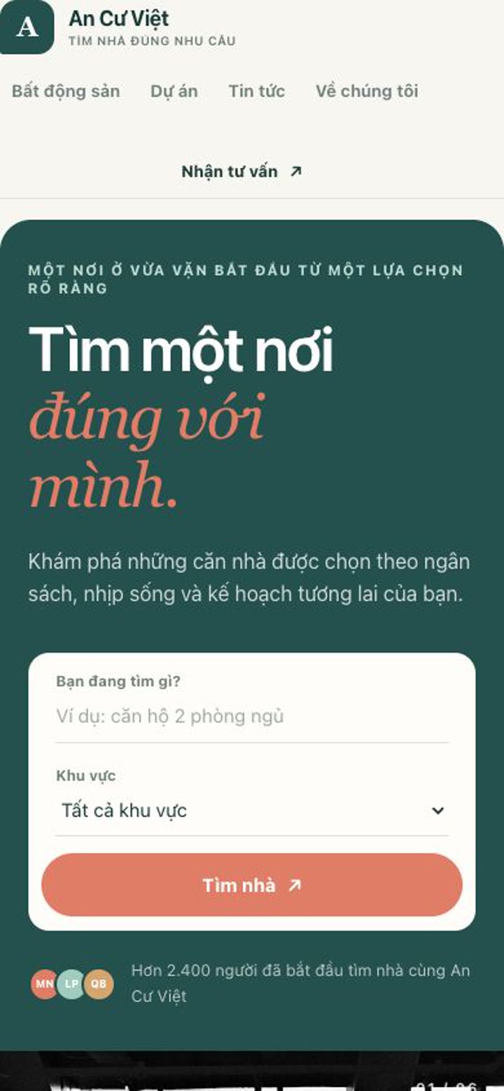 Bản xem trước trên điện thoại của Cách tạo website bất động sản nhiều trang bằng LynaX AI: An Cư Việt
