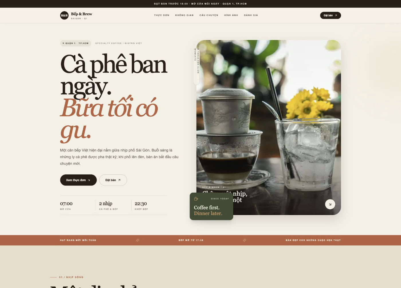 Giao diện desktop của Cách tạo website quán café, nhà hàng bằng LynaX AI: Bếp & Brew Saigon