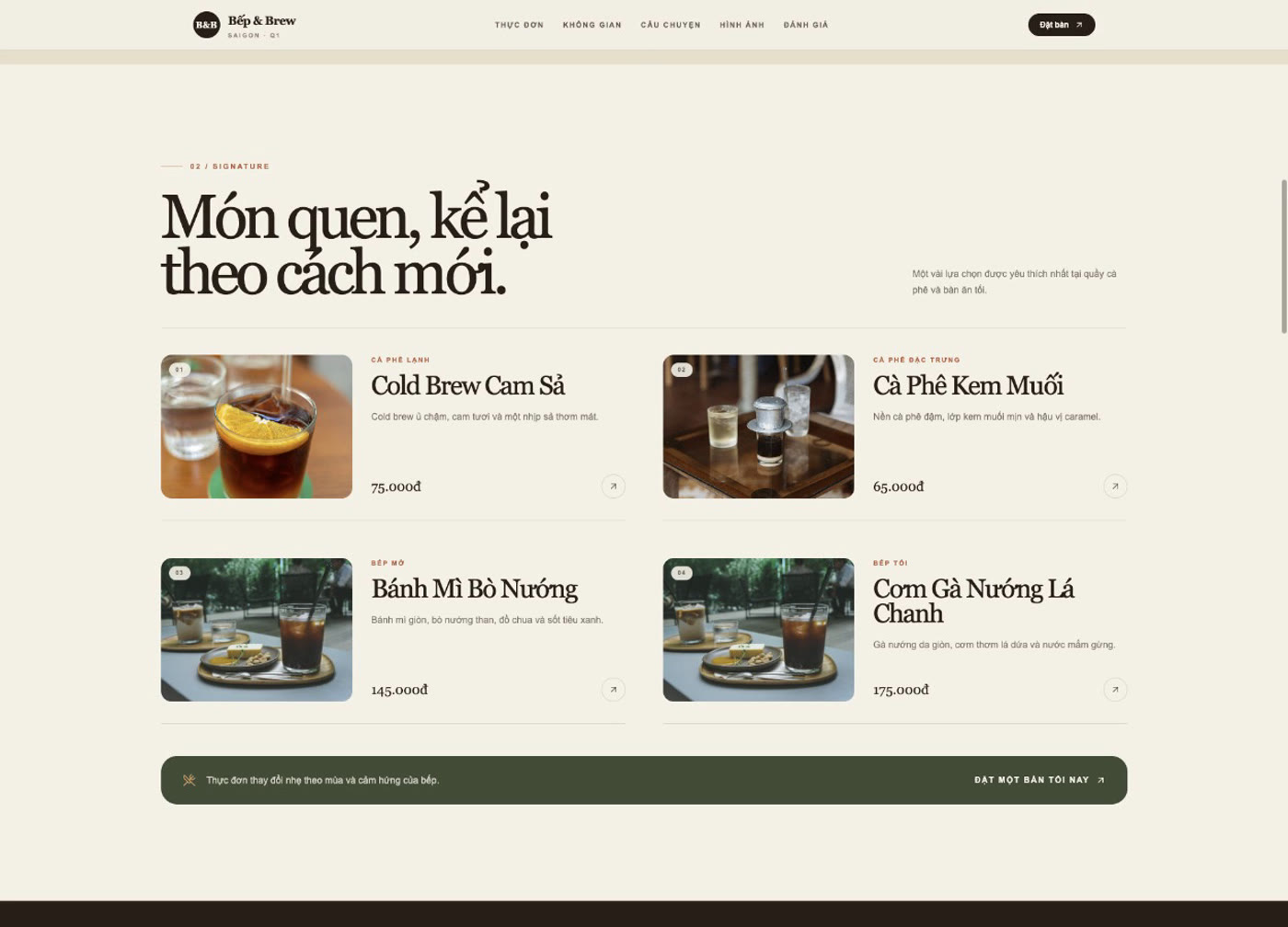 Màn hình tính năng của Cách tạo website quán café, nhà hàng bằng LynaX AI: Bếp & Brew Saigon