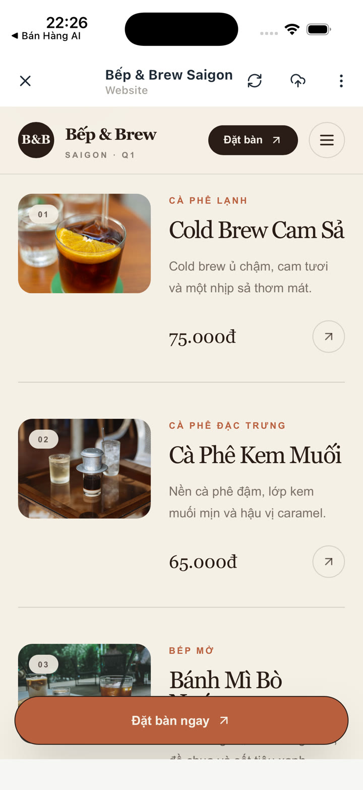 Bản xem trước trên điện thoại của Cách tạo website quán café, nhà hàng bằng LynaX AI: Bếp & Brew Saigon