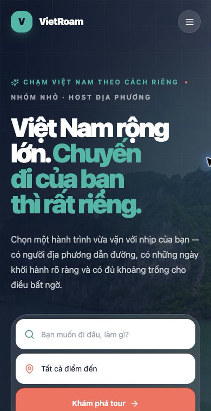 Bản xem trước trên điện thoại của Cách tạo website đặt tour có dữ liệu động bằng LynaX AI: VietRoam