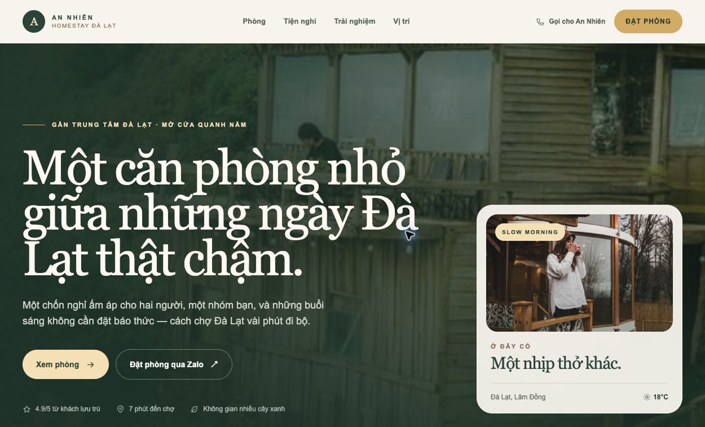 Giao diện desktop của Cách tạo website homestay Đà Lạt bằng LynaX AI: mẫu An Nhiên Homestay
