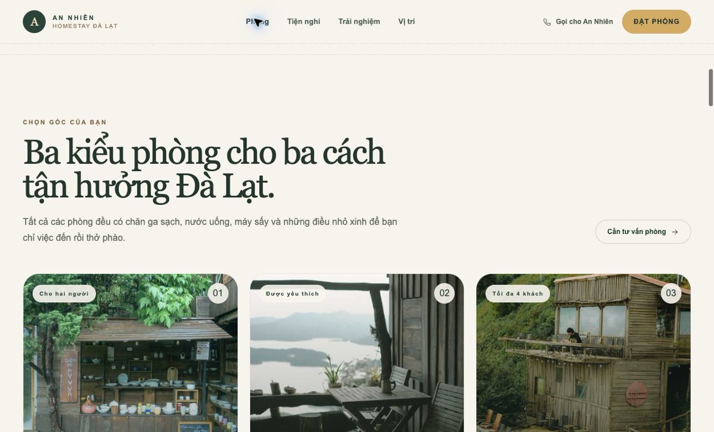 Màn hình tính năng của Cách tạo website homestay Đà Lạt bằng LynaX AI: mẫu An Nhiên Homestay