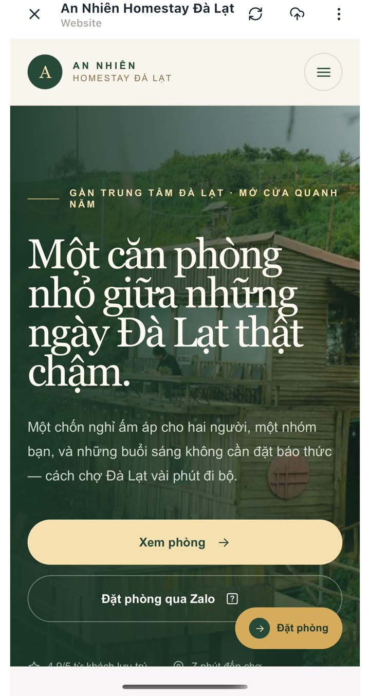 Bản xem trước trên điện thoại của Cách tạo website homestay Đà Lạt bằng LynaX AI: mẫu An Nhiên Homestay