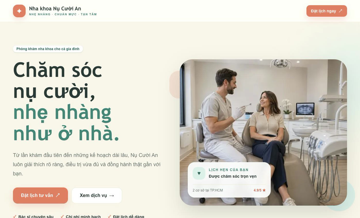 Giao diện desktop của Cách tạo website nha khoa có đặt lịch bằng LynaX AI: Nụ Cười An