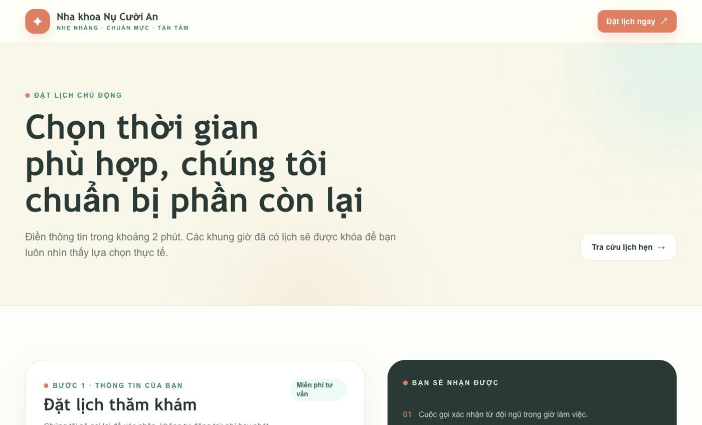 Màn hình tính năng của Cách tạo website nha khoa có đặt lịch bằng LynaX AI: Nụ Cười An