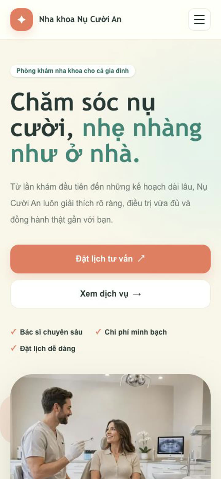 Bản xem trước trên điện thoại của Cách tạo website nha khoa có đặt lịch bằng LynaX AI: Nụ Cười An