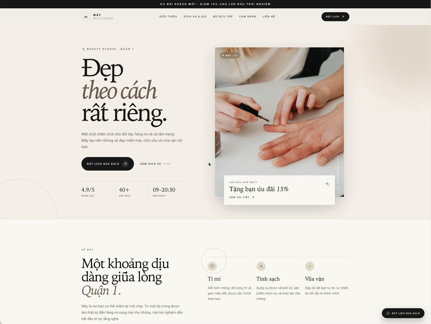 Giao diện desktop của Cách tạo website tiệm nail bằng LynaX AI: mẫu Mây Nail & Lashes