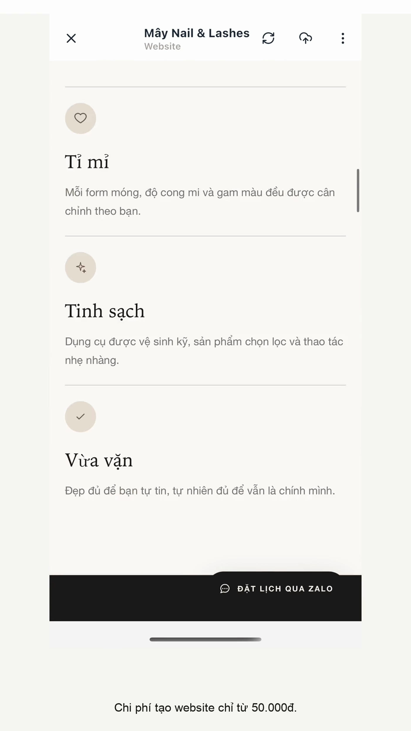 Màn hình tính năng của Cách tạo website tiệm nail bằng LynaX AI: mẫu Mây Nail & Lashes
