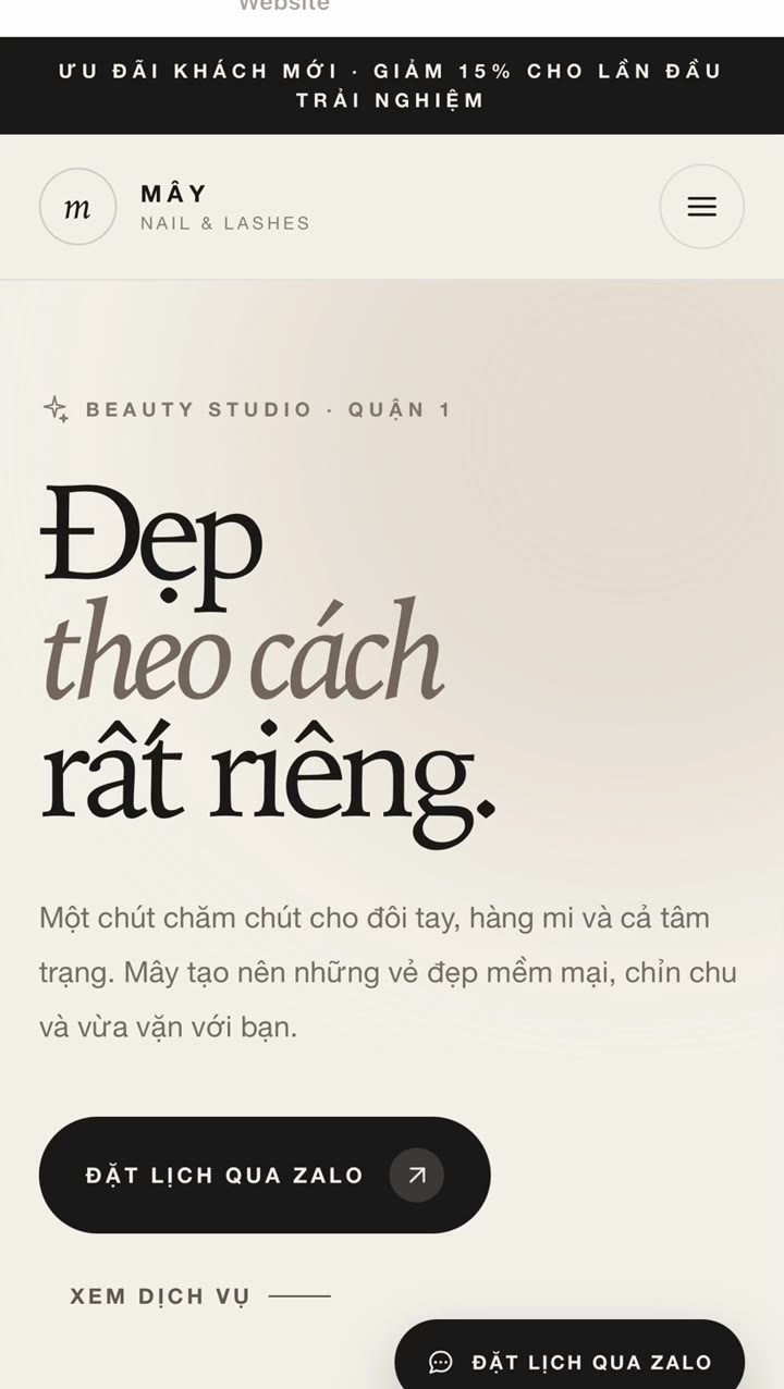 Bản xem trước trên điện thoại của Cách tạo website tiệm nail bằng LynaX AI: mẫu Mây Nail & Lashes