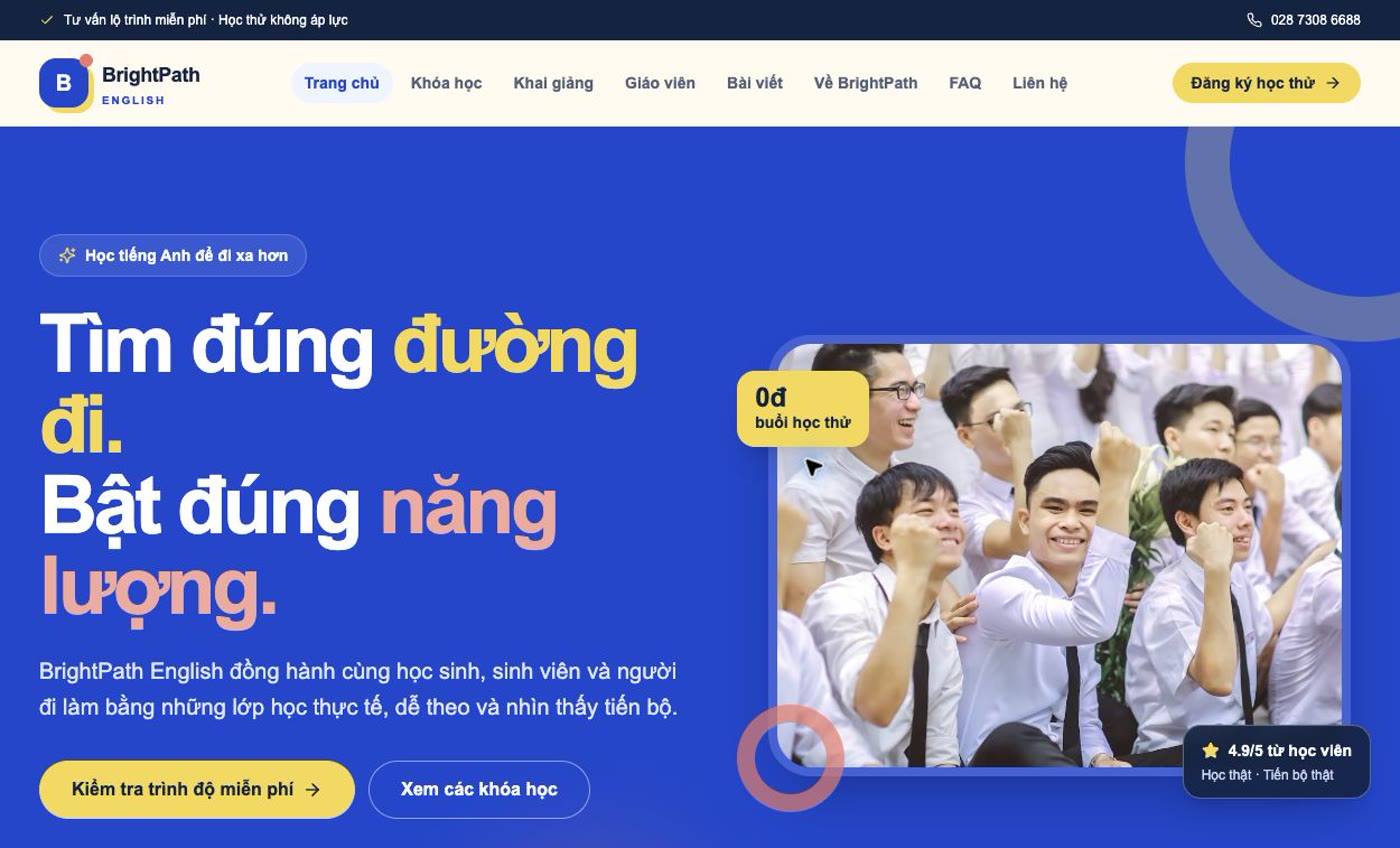 Giao diện desktop của Cách tạo website trung tâm tiếng Anh bằng LynaX AI: BrightPath English