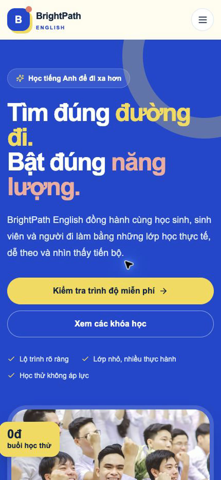 Bản xem trước trên điện thoại của Cách tạo website trung tâm tiếng Anh bằng LynaX AI: BrightPath English